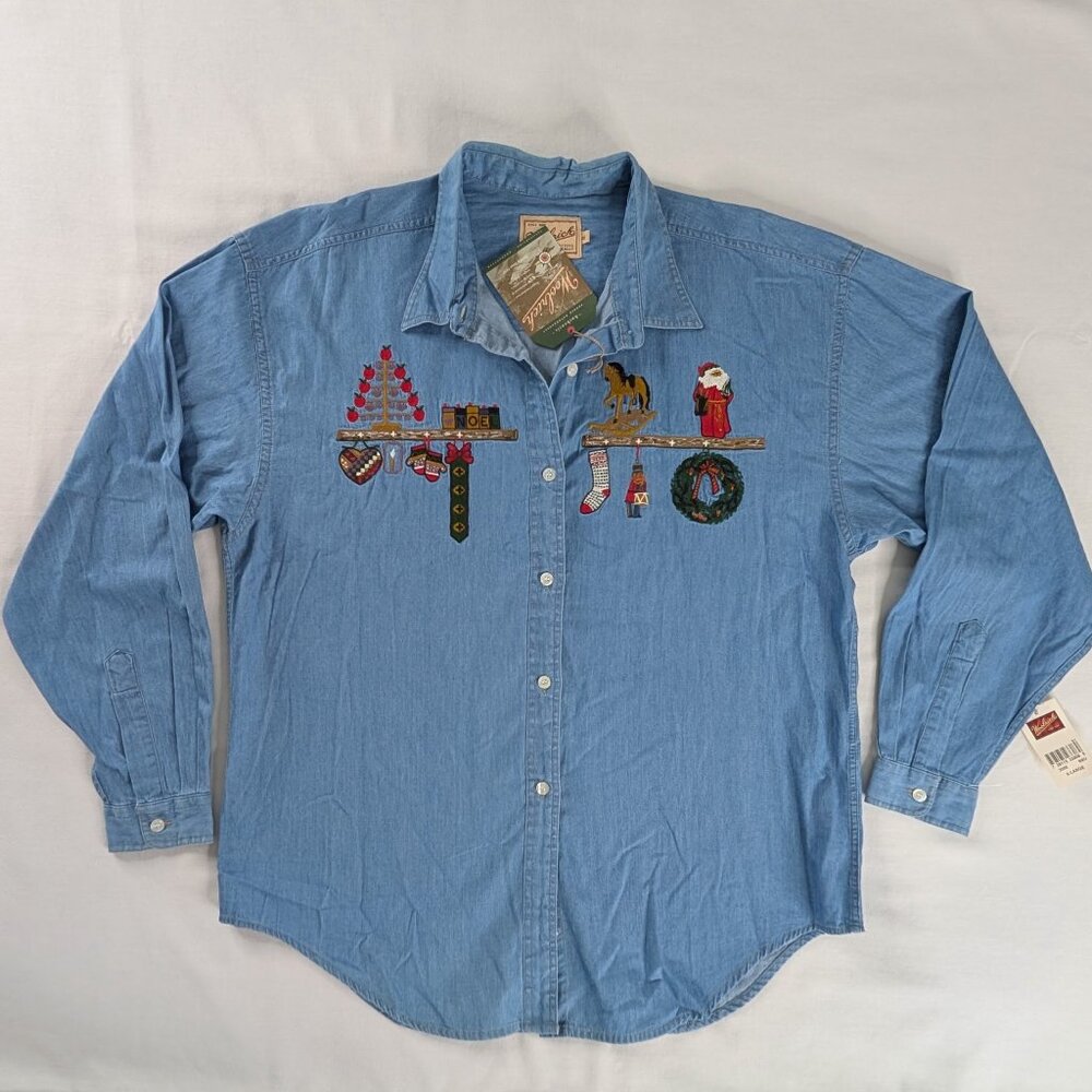 Woolrich VTG Denim Button Up Christmas Holiday Embroidered Button Up Top NEW